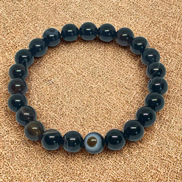 Natural Black Agate Gemstone Beaded Bracelet 8mm Stretch Healing Crystal Jewelry - Изображение 2 из 4
