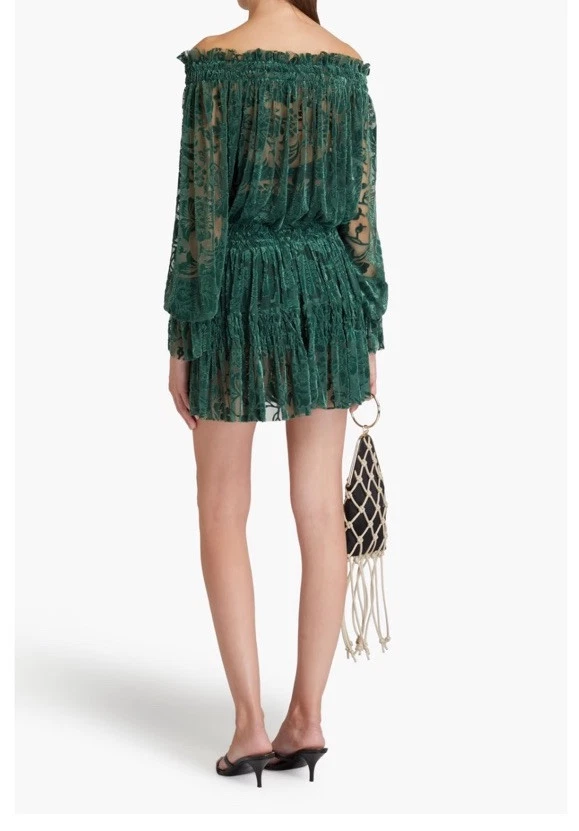 Mini Vestido Y2k Norma Kamali Fuera del Hombro Devore Terciopelo Verde Talla XS Campesino Foto 4 de 4