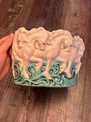 Glazed Ceramic Horse Planter White/Blue 3D Effect Animal Theme for Plants - Image 1 of 4