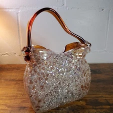 Vintage Murano Style Glass Purse Vase Iridescent Intricate Home Decor Art Deco