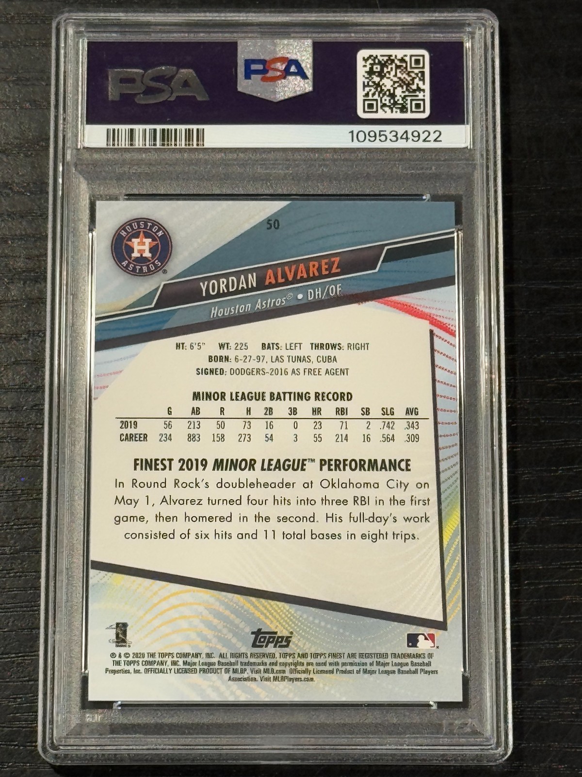2020 Finest Green Refractor Yordan Alvarez RC /99 PSA GEM MINT 10 (pop: 20) view 2