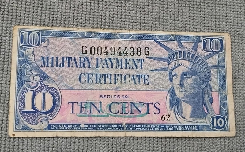 USA 10c ~Ten Cents ~ Military Payment Certificate ~ SERIES 591 ~ G 00494438 G