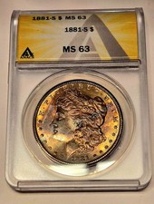 1881 S Morgan Dollar ANACS MS63 RAINBOW TONED OBVERSE RARE MULTI COLORFUL COIN