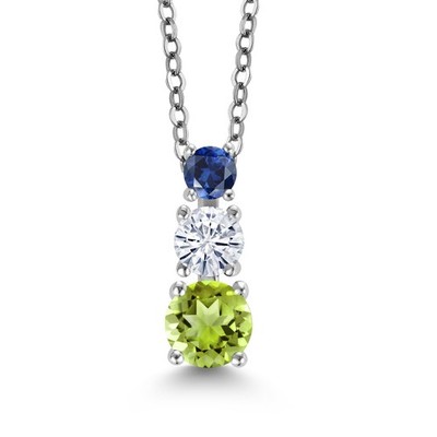 Rhodium Plated 3 Stone Pendant for Women & Chain Round Peridot Moissanite 0.92ct