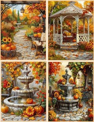 8 Fall Autumn Gardens Fountains sunflowers pumpkins glossy fold out ...
