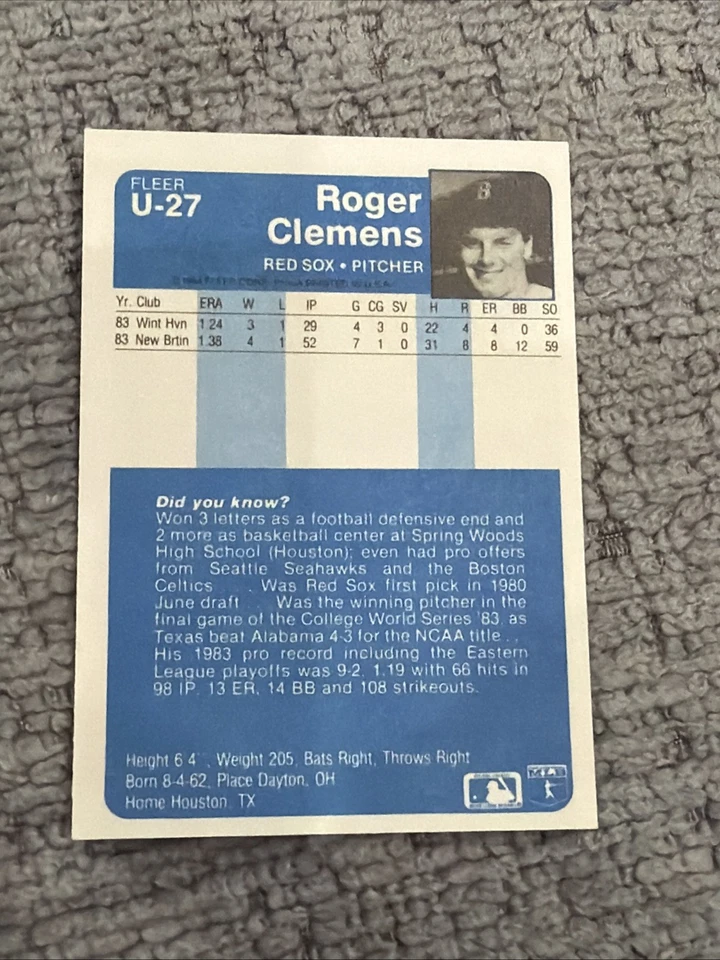 Обновленная карточка дебютанта Роджера Клеменса 1984 Fleer U-27 Red Sox  - Изображение 2 из 2