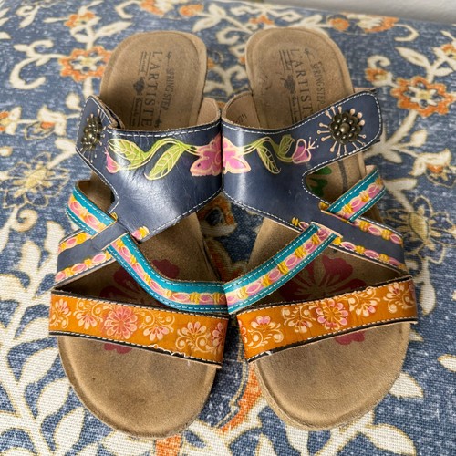 L'ARTISTE Swan Cork Wedge Sandals Leather Slide On Colorful Boho Size 40 US 9 - Picture 6 of 11