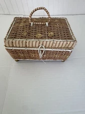 Vintage Sewing Basket Notions Box Woven Decorative Trinket Storage Used Grandma