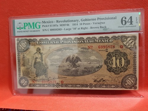 1914 MEXICO Puck 51107S M 3974b REVOLUTIONARY 10 PESOS PMG 64 GRADED Large10 R - 第 1/9 張圖片