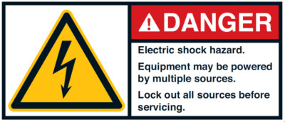 Warnaufkleber ''DANGER Electric shock hazard. Equipment..'' 35x80/45x100/70x160mm