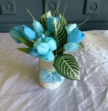Spring/easter blue tulip centerpiece with glitter and painted upcycled tin can
