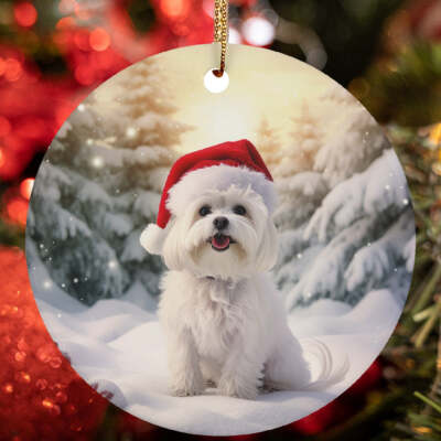 Cute Maltese Dog Santa Hat Snow Winter Christmas Ornament Gift Decor  Hanging