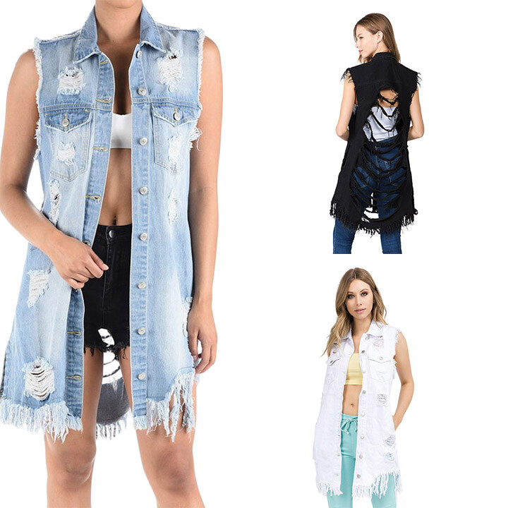 Women's Sleeveless Over sized Rip Destroyed Jean Denim Vest