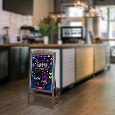 LED Chalkboard Sidewalk Menu Sign with Wooden Stand & 8*Highlighters & US Plug
