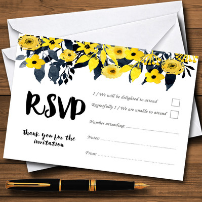 Aquarell schwarz & gelb Blumen Header personalisierte RSVP Karten