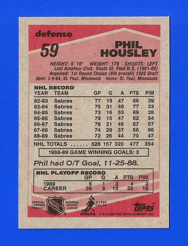 1989-90 Topps HOCKEY #59 PHIL HOUSLEY NRMINT+ HOF BUFFALO SABRES (TM1) - Picture 2 of 2