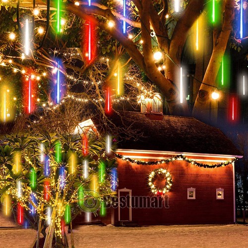 Luces solar de Meteoros Lluvia 144 LEDs 8 Tubos De Arbol Navidad Decoracion - Picture 7 of 15