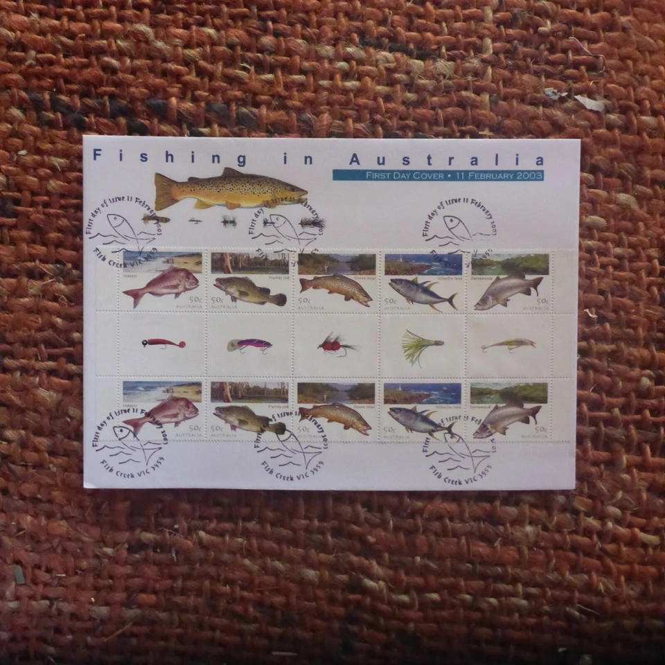 2001 FISHING GUTTER STRIP OF 10 FIRST DAY COVER ON C5 COVER NAT FDI POSTMARK - image 4 of 4
