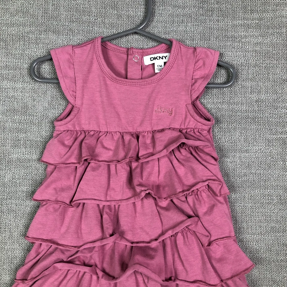 DKNY Dress Baby Girls 12M Months Pink Layered Tiered Ruffle Spring Casual Preppy - Image 2 of 4