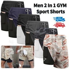 Mens 2 in 1 Sports Running Bodybuilding Workout Fitness Shorts Gym Pants US