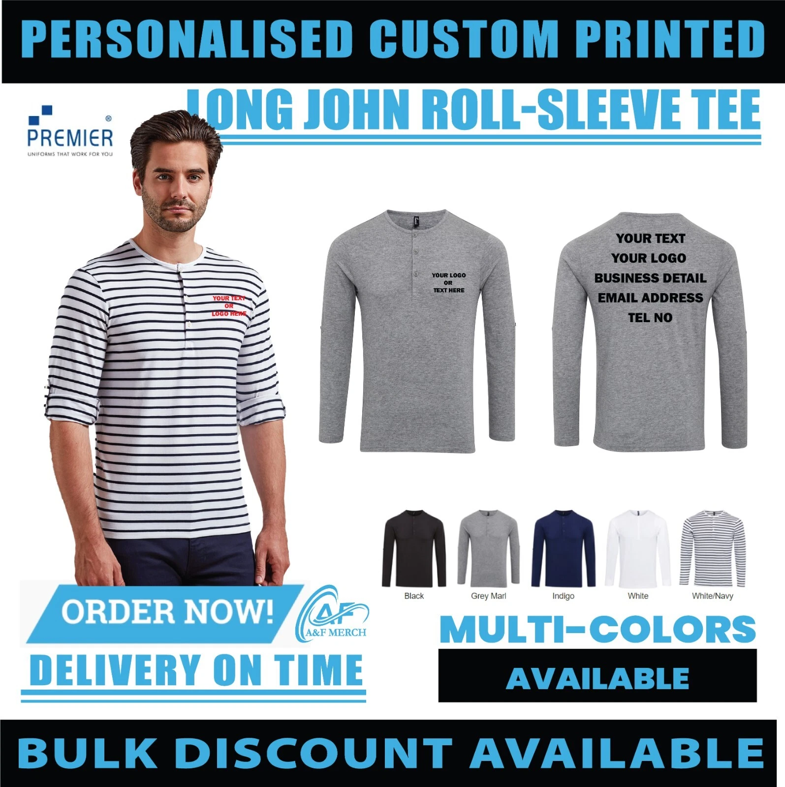 Personalised Custom Premier Long John Roll-Sleeve Tee Round Neck Casual PR218