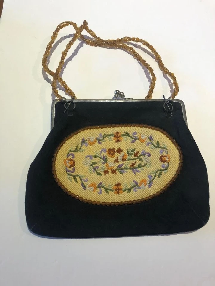 AIMEE CAPOBIANCO Needlepoint Black Suede Beaded Double Handle Purse Handbag - Image 2 of 4