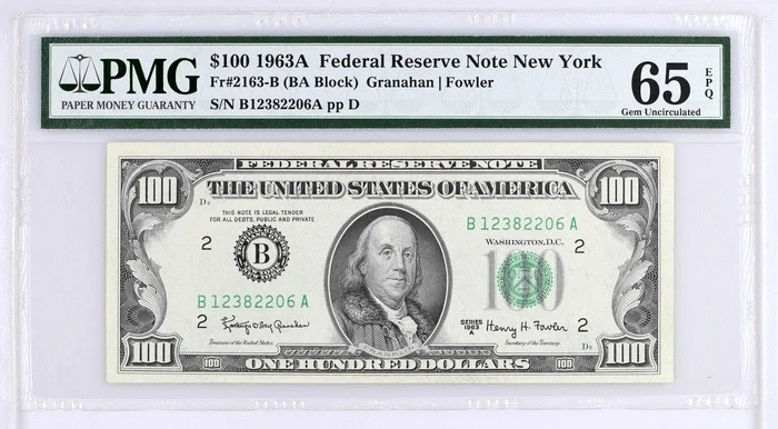 1963A $100 Federal Reserve Note New York Fr#2163-B PMG 65 EPQ - Image 1 of 2