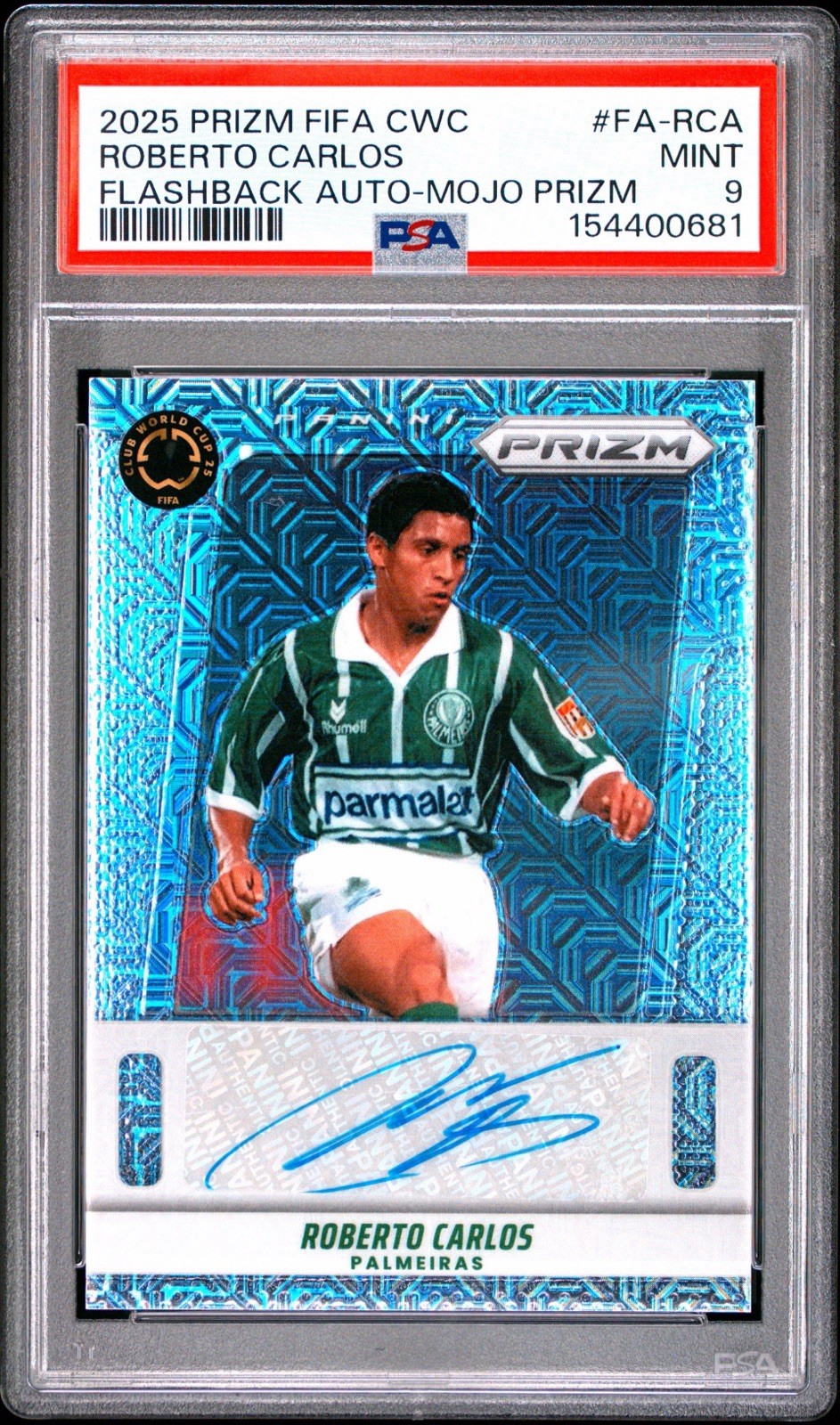 2025 Prizm FIFA CWC Roberto Carlos #FA-RCA Flashback Auto Mojo /25 PSA 9 view 1