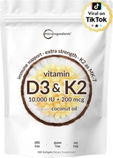 Vitamin D3 10,000 IU + K2 MK-7 200 Mcg, 300 Softgels | Virgin Coconut Oil | 2-In