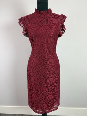 Burgundy Floral Lace midi Dress cocktail brunch wedding guest party Y2K coquette
