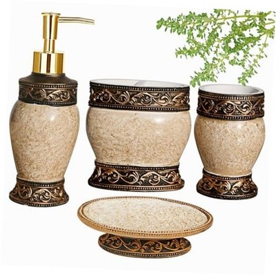 Bathroom Decor Accessories Set - 4 PCS - Including Soap Dispenser - 4PCS - Brown