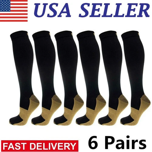 6 Pairs Copper Compression Socks 20-30mmHg Graduated Support Mens Womens S-XXL
