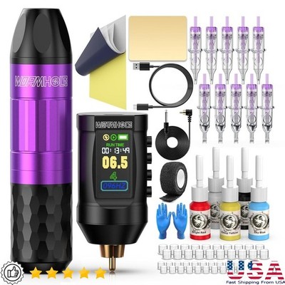 Wireless Tattoo Gun Kit Complete Set W/ Power Supply Cartridge Needles Ink Cups
