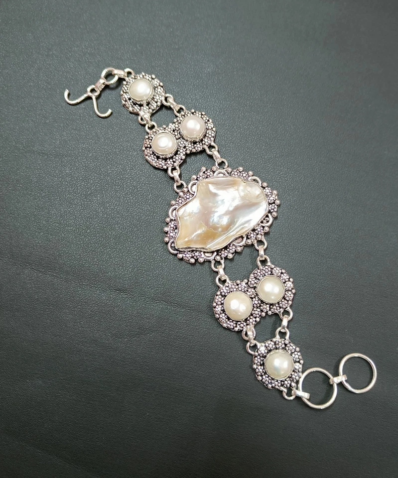 Hermosa Pulsera Madreperla Gema Plata de Ley Pulsera Regalo Ajustable Foto 2 de 4
