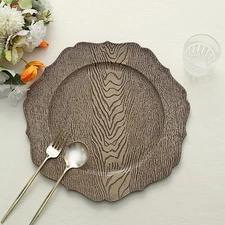 NATURAL 6 Round 13" Rustic Wooden Acrylic CHARGER PLATES Scallop Rim Design