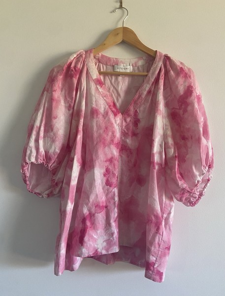 Witchery Blouse Size AU 14 Lagoon Fuchsi Cotton Ramie Puff Sleeve Pink  rrp $129