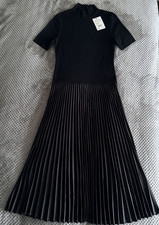 NWT Theory Black Short Sleeve Mock Neck Ribbed Pleated Combo Midi Dress S 495