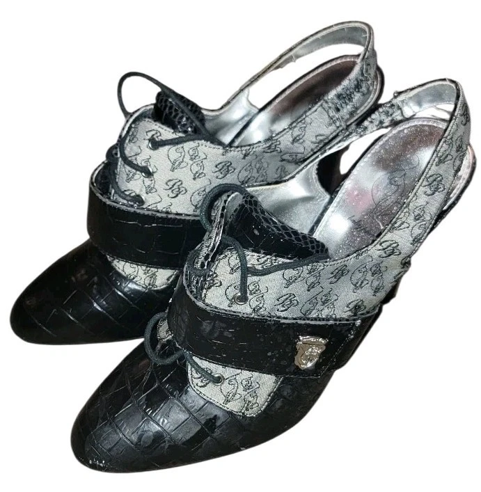 Y2K Baby Phat Sz 9 Womens Black Patent Leather Fold Over High Heel Booties FLAW - Image 3 of 4