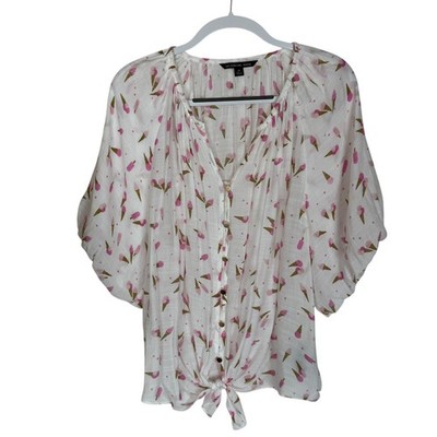 Zac & Rachel Woman 2X White Pink Ice Cream Print Tie Front Button Blouse Top