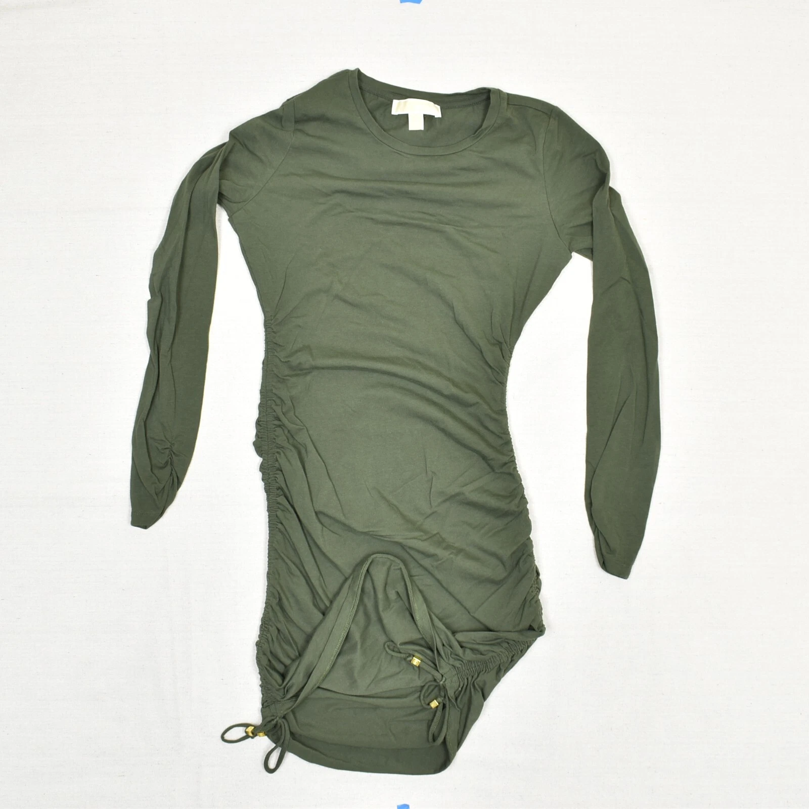 Michael Kors Mini Abito Donna Increspato Manica Lunga Tinta Unita Poliestere Verde Taglia S