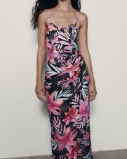 BNWOTs Zara Linen Blend Tropical Black Pink Dress Size XS