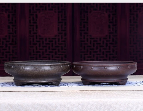 7" Round Traditional Chinese Bonsai Pot Old Style Unglazed Purple Sand Flowerpot - Picture 4 of 27