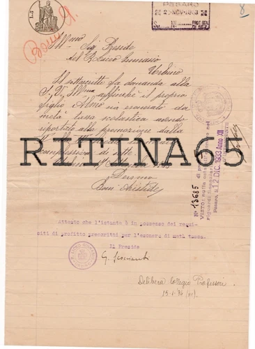 PESARO URBINO DOMANDA DI ESENZIONE TASSE SCOLASTICHE LICEO GINNASIO 1933 - Foto 1 di 2