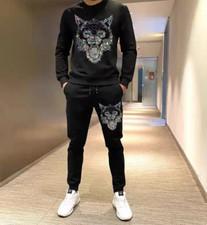 New Men Luxury Wolf Rhinestones Black Hoodie Pants Fashion Tracksuit
