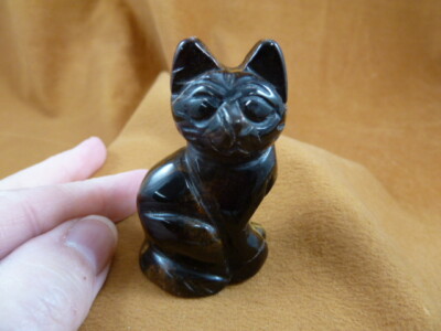 Y-CAT-SIC-762) Tiger's eye KITTY CAT gemstone STONE carving figurine baby cats