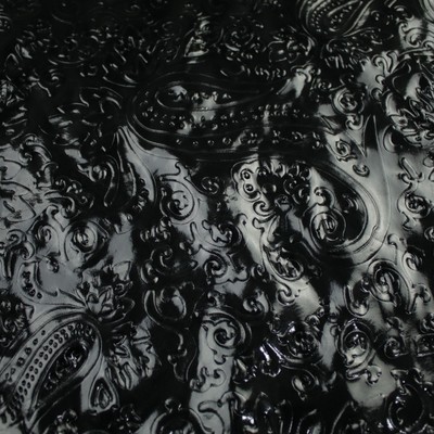 Schwarz geprägter verzierter Paisley Wetlook glänzend 4 Wege Stretch Jersey Stoff 10009