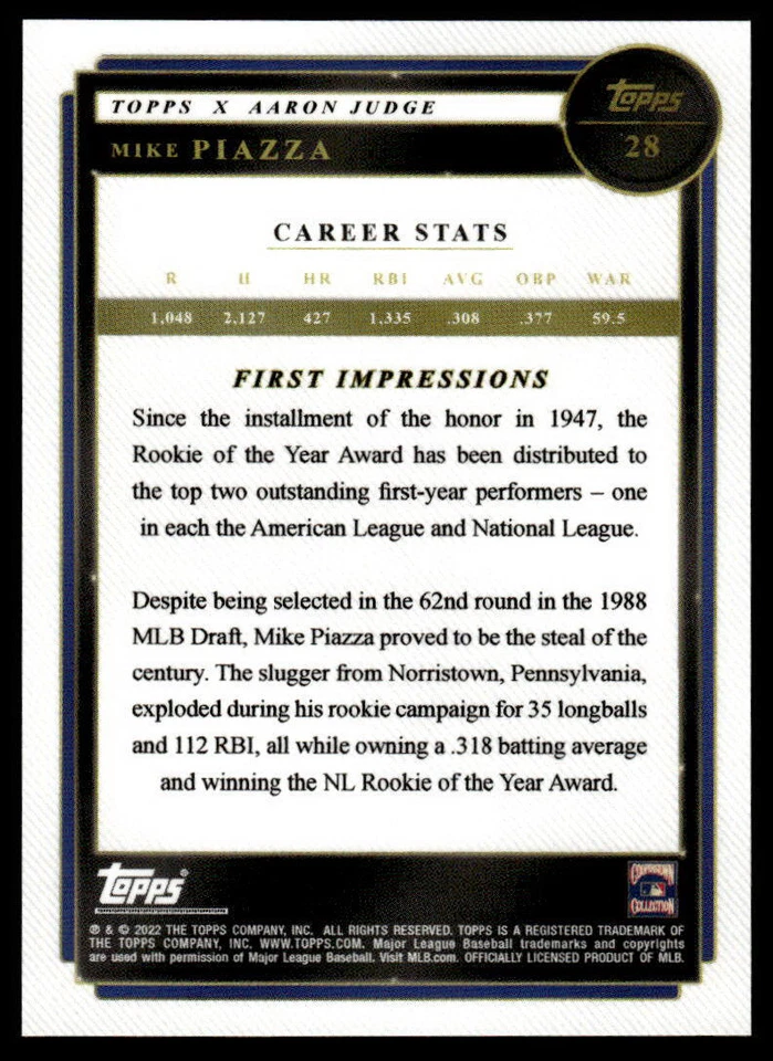 2022 Topps x Aaron Judge Mike Piazza #28 Los Angeles Dodgers - Image 2 of 2