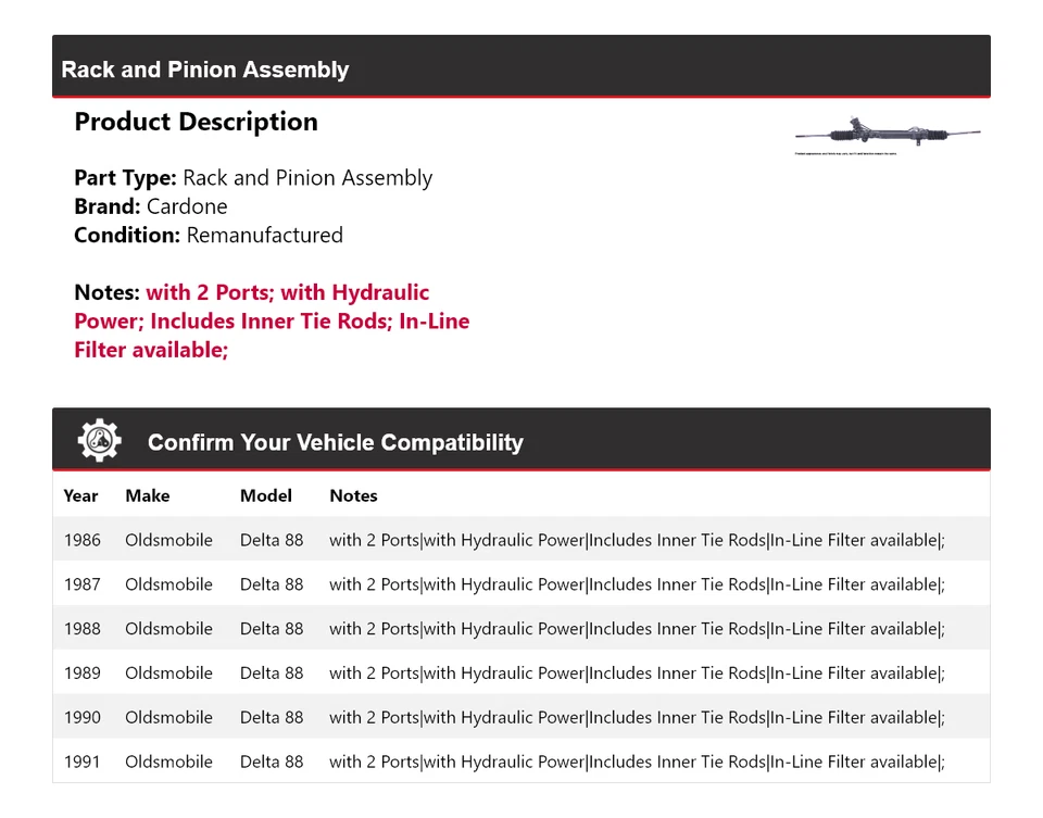 For 1986-1991 Oldsmobile Delta 88 Rack and Pinion Assembly Cardone 1987 1988 - Image 2 of 4