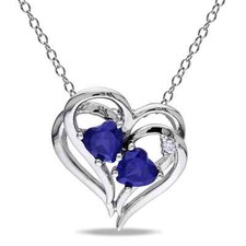 14K White Gold Plated Lab Created Heart Sapphire Anniversary Pendant 18"Necklace