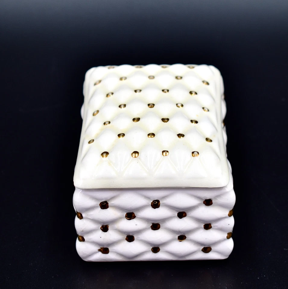Caja de baratija estilo almohada dorada vintage, blanca, puntos dorados, tapa, 4,3"l x 3"w x 2,4"h Foto 2 de 4